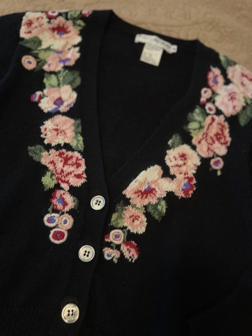 Vintage JH Collectibles Floral Embroidered Black Cardigan Sweater Cottagecore S
